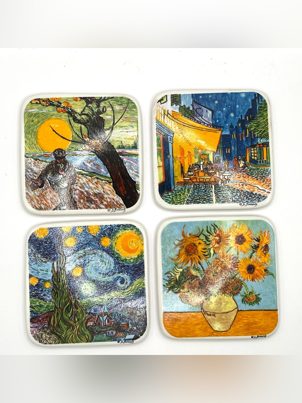 4 pc. Glossy Ceramic VAN GOGH Paintings Design Coasters Signed by D. Burrows